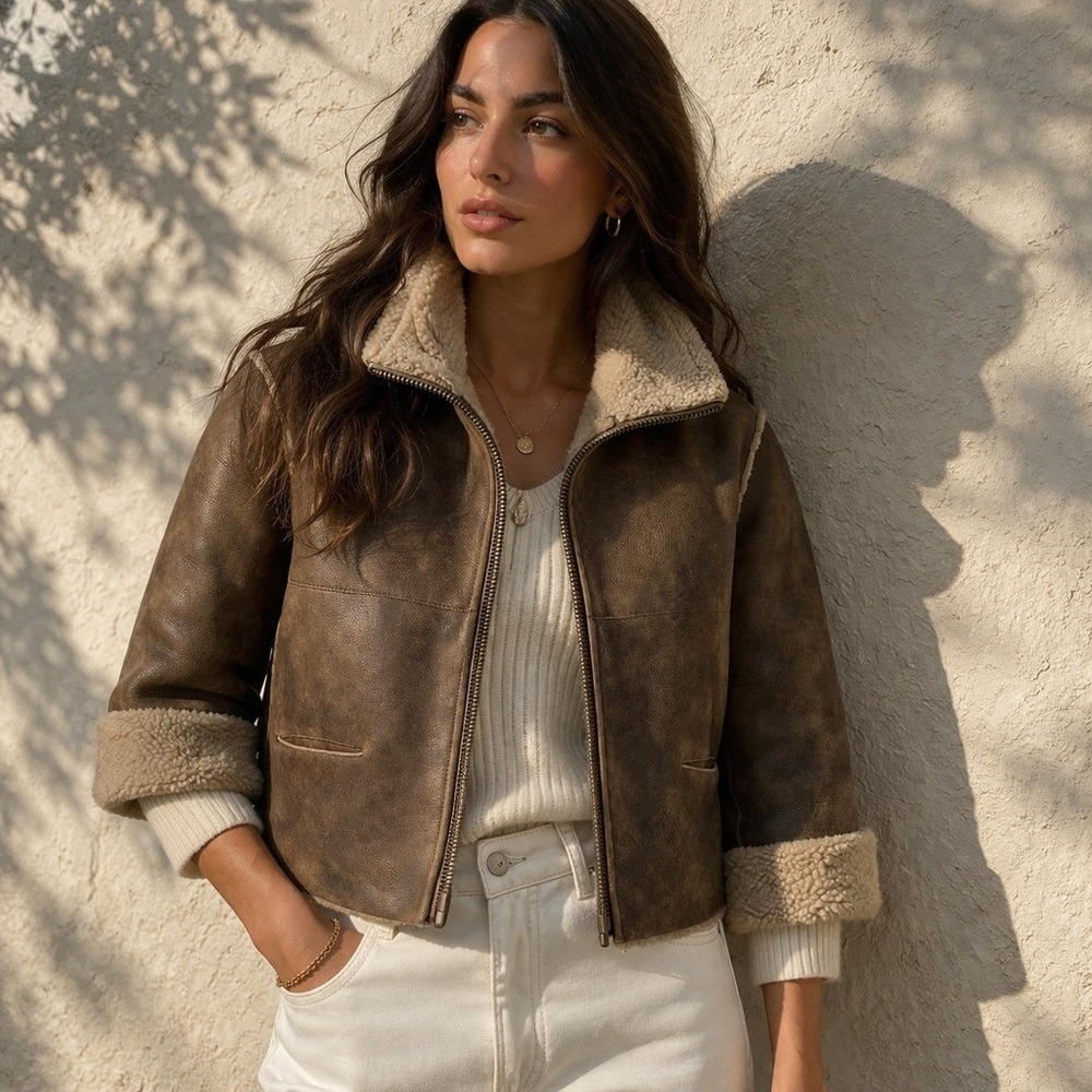 Stella Forest Shearling Jacket Cropped 3/4 Sleeve Leather Coat Quiet Luxury Sz S